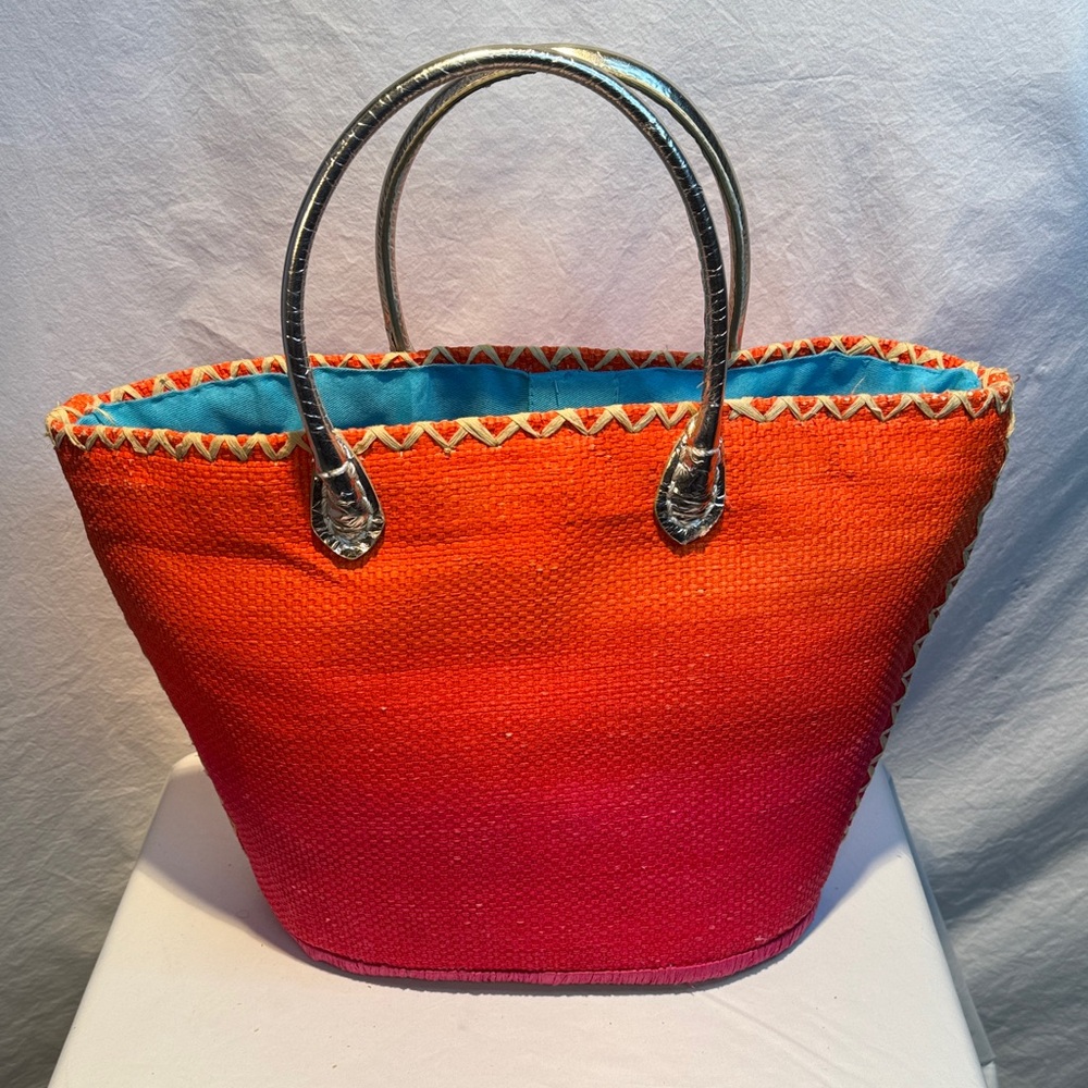 Victoria's Secret Orange to Pink Ombre Straw Tote with Turquoise Lining